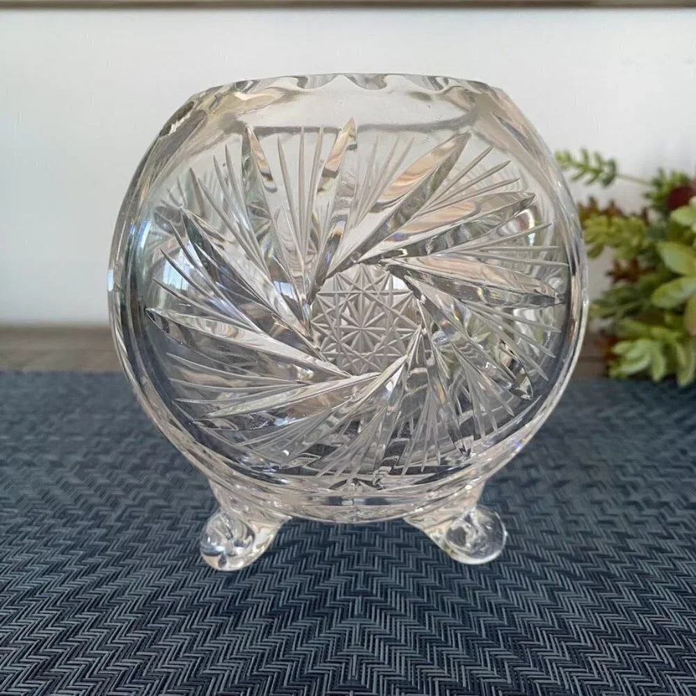 American Cut Crystal Corp Czech Footed Round Rose Vase